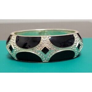 Black Enamel  SilverTone  Rhinestone Clamper Bangle Bracelet Bling